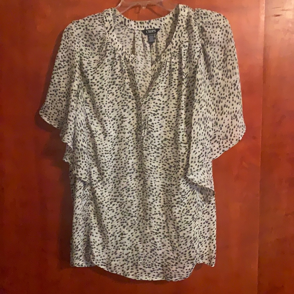 Chaps off white polka dot blouse ruffled sleeve